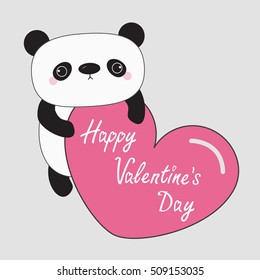 Kawaii panda baby bear. Happy Valentines Day text. Cute cartoon character holding big pink heart. Wild animal collection for kids. Gray background. Love card. Flat design. Vector illustration