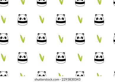 Kawaii Panda and bamboo on seamless pattern. Squishmallow. Background with panda. Kawaii, vector.  Isolated vector illustration eps 10