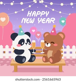 Kawaii Panda and Bear Celebrating New Year with Balloons and Lights. Happy New Year Illustration with Cute Animal Friends. Adorable New Year Party Scene Featuring a Panda and Bear.