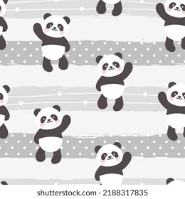 Kawaii panda bear character on a pastel monotone grey background with hand drawn brush strokes texture, kids cute animals seamless pattern background for wrapping paper, fabric and textile print