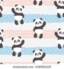 Kawaii panda bear character on a pastel blue and pink background with hand drawn brush strokes texture, kids cute animals seamless pattern background for wrapping paper, fabric and textile print