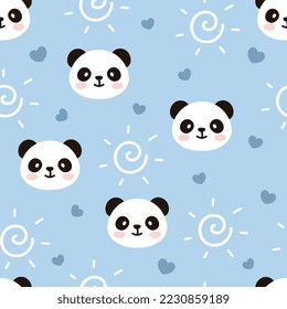 Kawaii panda bear with cute hearts and abstract sun blue baby girl and boy seamless pattern background, kids cute woodland animals fabric and textile print design.