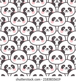 Kawaii panda bear face black and white texture, kids cute animals seamless pattern background for wrapping paper, fabric and textile print