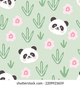 Kawaii panda bear face with cactus plant and flowers on a pastel green background, kids pajama colorful print for wrapping paper, fabric and textile. EPS 10 seamless pattern
