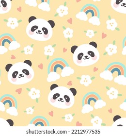 Kawaii panda bear face flying with clouds and rainbows, flowers on a pastel yellow background, kids pajama colorful print for wrapping paper, fabric and textile. EPS 10 seamless pattern