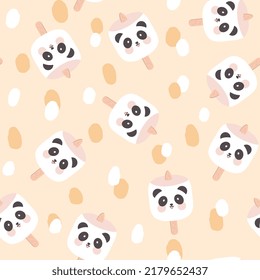 kawaii panda bear face marshmallow on a yellow boho background. Kids sweet food seamless pattern for wrapping paper, fabric and textile print. Vector illustration.