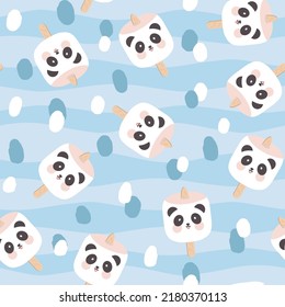 Kawaii Panda Bär Gesicht Marshmallow auf pastellblauem boho Hintergrund mit Wellen und Punkten. Kinder süße Lebensmittel nahtlose Muster für Packpapier, Gewebe und Stoffdruck. Vektorgrafik.