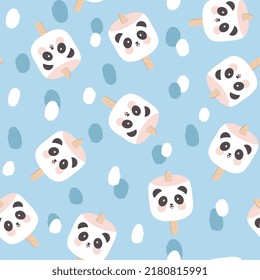 kawaii panda bear face marshmallow on a pastel blue boho background. Kids sweet food seamless pattern for wrapping paper, fabric and textile print. Vector illustration.