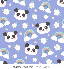 Kawaii panda bear face on a blue background with clouds, flowers and rainbows. Kids woodland animals seamless pattern motif for wrapping paper, fabric and textile print