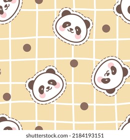 Kawaii panda bear face on a pastel yellow background with hand drawn grid texture, sticker style kids cute animals seamless pattern background for wrapping paper, fabric and textile print