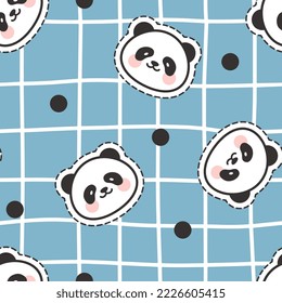 Kawaii panda bear face on a blue background with hand drawn grid texture, sticker style kids cute animals seamless pattern background for wrapping paper, fabric and textile print