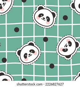 Kawaii panda bear face on a mint green background with hand drawn grid texture, sticker style kids cute animals seamless pattern background for wrapping paper, fabric and textile print