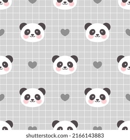kawaii panda bear grey square texture seamless pattern, cute asian bear cloth print, wrapping paper design