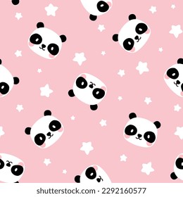 Kawaii panda bear with hand drawn stars in the sky, pink baby girl seamless pattern background, kids cute woodland animals fabric and textile print design.