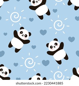 Kawaii panda bear with hearts and abstract sun blue neutral for boy and girl seamless pattern background, kids cute woodland animals fabric and textile print design.