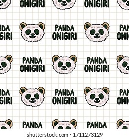 Kawaii panda bear onigiri Japanese rice with text seamless vector pattern. Hand drawn oriental seaweed roll rice ball. cute bento box meal all over print. Wildlife on stripe background. 