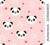 Kawaii panda bear with red hearts and abstract sun pink baby girl seamless pattern background, kids cute woodland animals fabric and textile print design.