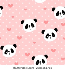Kawaii panda bear with red hearts and hearts texture pink baby girl seamless pattern background, kids cute woodland animals fabric and textile print design.