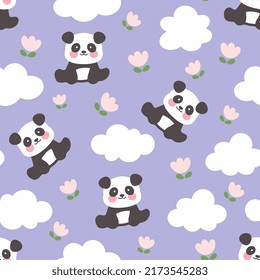 kawaii panda bear sitting on a purple floral background, kids cute woodland animals with clouds and pink tulips seamless pattern print