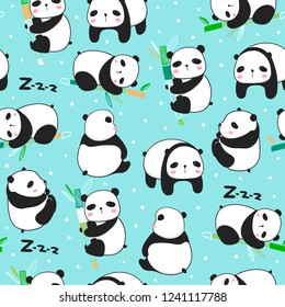 Kawaii panda bears. Cute pandas in various poses. Hand drawn colored vector seamless pattern. Blue background