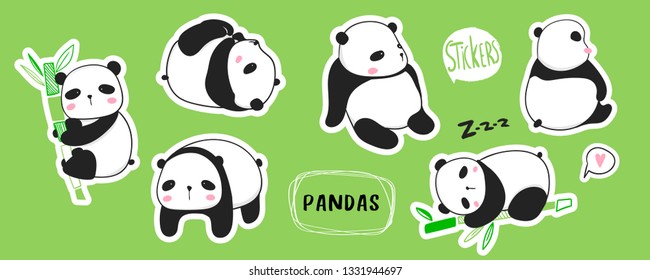 Kawaii panda bears. Cute pandas in various poses. Hand drawn colored vector set. Pre-made stickers. All elements are isolated
