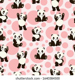 Kawaii panda bears. Cute pandas in various poses on pink background. Hand drawn colored vector seamless pattern.