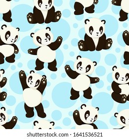 Kawaii panda bears. Cute pandas in various poses on skyblue background. Hand drawn colored vector seamless pattern.