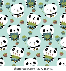 Kawaii panda birthday vector seamless pattern background. Cute backdrop with laughing cartoon bears holding cakes, balloons, cupcakes. Gender neutral design. For baby and kids birthdays