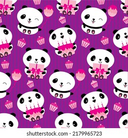 Kawaii panda birthday vector seamless pattern background. Cute backdrop with laughing cartoon bears holding cakes, balloons, cupcakes. Striped purple pink repeat. For baby and kids birthdays