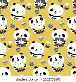 Kawaii panda birthday vector seamless pattern background. Cute backdrop with laughing cartoon bears holding cakes, balloons, cupcakes. Gender neutral design. For baby and kids birthdays