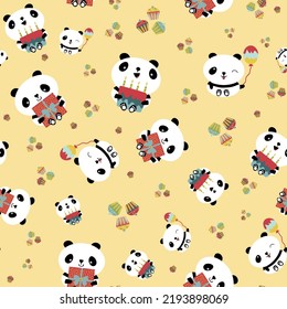 Kawaii panda birthday vector seamless pattern background. Cute backdrop with laughing cartoon bears holding cakes, balloons, cupcakes. Gender neutral design. For baby and kids birthdays