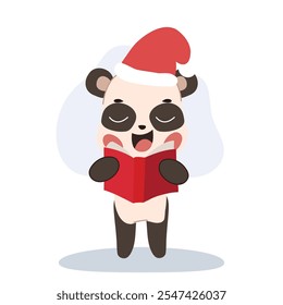 Kawaii Panda Cartoon Singing on Christmas. Kawaii panda dressed for winter, singing on Christmas.