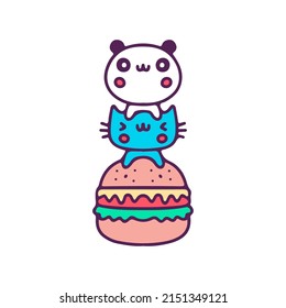 kawaii panda and cat with burger, illustration for t-shirt, sticker, or apparel merchandise. With doodle, retro, and cartoon style.