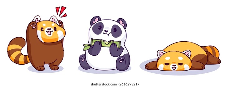 Kawaii panda characters expressing emotions - cheerful red panda waving happily, curious bear cub sitting and eating green bamboo, sleepy panda lying lazily. Cute adorable cartoon animal mascots.