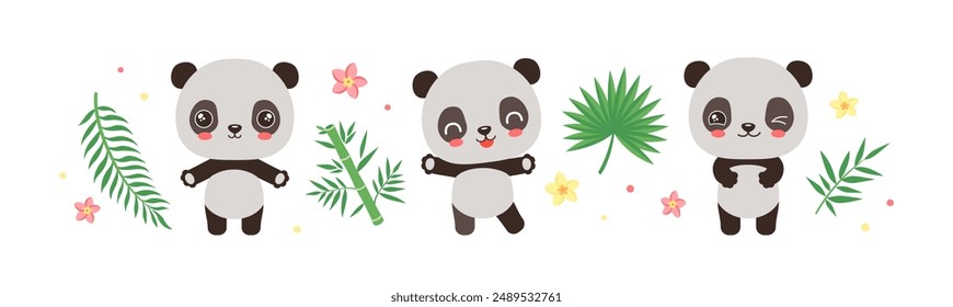 Kawaii panda chibi character. Cute Chinese bear panda symbol of China. Cartoon asian animal adorable funny panda bear with bamboo and tropical palm leaves. Children vector illustration.