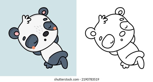 Kawaii Panda Clipart Multicolored and Black and White. Cute Kawaii Panda Bear. Vector Illustration of a Kawaii Animal for Stickers, Prints for Clothes, Baby Shower, Coloring Pages.
