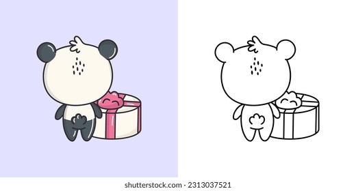 Kawaii Panda Clipart Multicolored and Black and White. Cute Kawaii Bear. Vector Illustration of a Kawaii Animal for Stickers, Prints for Clothes, Baby Shower, Coloring Pages.
