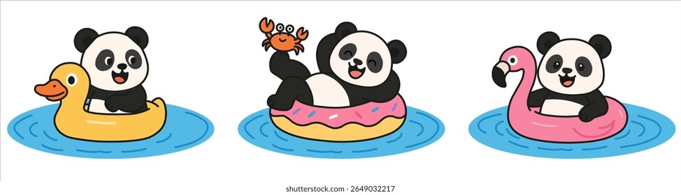 Kawaii panda enjoying summer fun on inflatable floats in a playful and colorful style. The panda rides a duck, donut, and flamingo float, perfect for cheerful, fun, and cute illustrations for any proj
