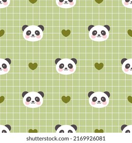 Kawaii panda face on a green grid seamless pattern background with cute hearts, adorable asian bear wrapping paper print, baby fabric and textile design