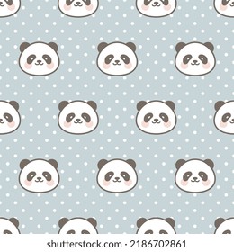 Kawaii panda face on a polka dot pastel blue grey background, kids woodland animals seamless pattern for wrapping paper, fabric and textile print. Vector eps 10
