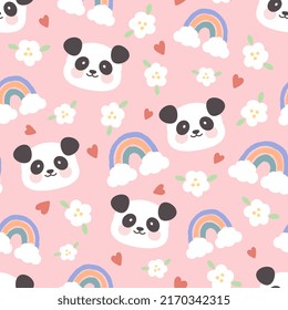 Kawaii panda face with rainbows, flowers and hearts on a pink background, cute asian bear beautiful girly seamless pattern print
