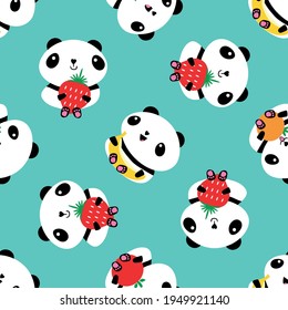 Kawaii panda and fruit seamless vector pattern background. Backdrop with cartoon bears holding apples, bananas, strawberries, oranges. Laughing and smiling animals. Healthy eating concept for kids