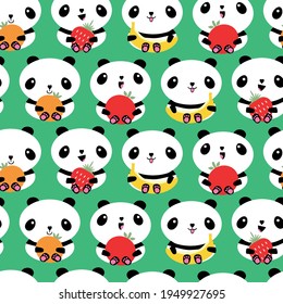 Kawaii panda and fruit seamless vector pattern background. Backdrop with rows of cartoon bears holding apples, bananas, strawberries oranges. Laughing animals.Healthy lifestyle eating concept for kids