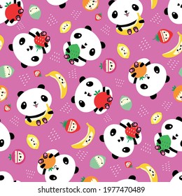 Kawaii panda and fruit seamless vector pattern background. Pink backdrop with cartoon bears holding apples, bananas, strawberries, oranges. Laughing animals. Healthy eating concept for kids