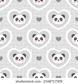 Kawaii panda grey seamless pattern background with grid and hearts, girly wrapping paper print with Asian bear
