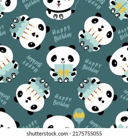 Kawaii panda Happy Birthday text vector seamless pattern background. Cute backdrop with laughing cartoon bears holding cakes, balloons, cupcakes. Teal repeat for baby and kids birthday celebration