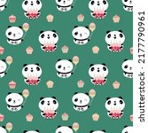 Kawaii panda Happy Birthday vector seamless pattern background. Cute backdrop with laughing cartoon bears holding cakes, balloons, cupcakes. Green gender neutral repeat for kids birthday celebration