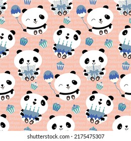 Kawaii panda Happy Birthday vector seamless pattern background. Cute backdrop with laughing cartoon bears holding cakes, balloons, cupcakes. Pink blue design. For baby and kids birthday celebration