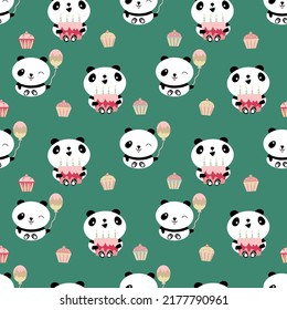 Kawaii panda Happy Birthday vector seamless pattern background. Cute backdrop with laughing cartoon bears holding cakes, balloons, cupcakes. Green gender neutral repeat for kids birthday celebration