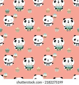 Kawaii panda Happy Birthday vector seamless pattern background. Cute backdrop with laughing cartoon bears holding cakes, balloons, cupcakes. Pink teal design. For baby and kids birthday celebration